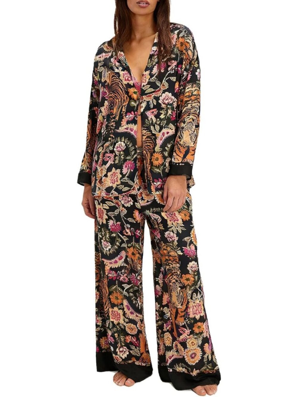Floral Satin Pajama Set for Women | Luxurious Silk PJs | Sleepwear & Loungewear
